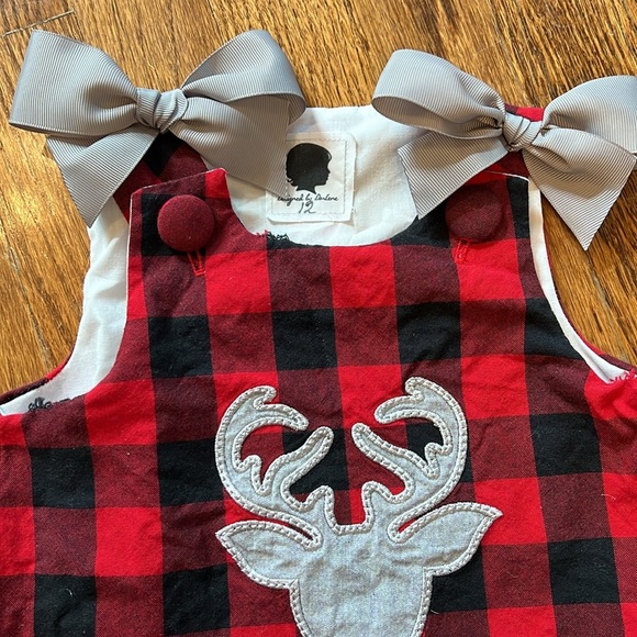 RED AND BLACK BUFFALO PLAID WITH GREY REINDEER DRESS - 12M - Picture 5 of 10